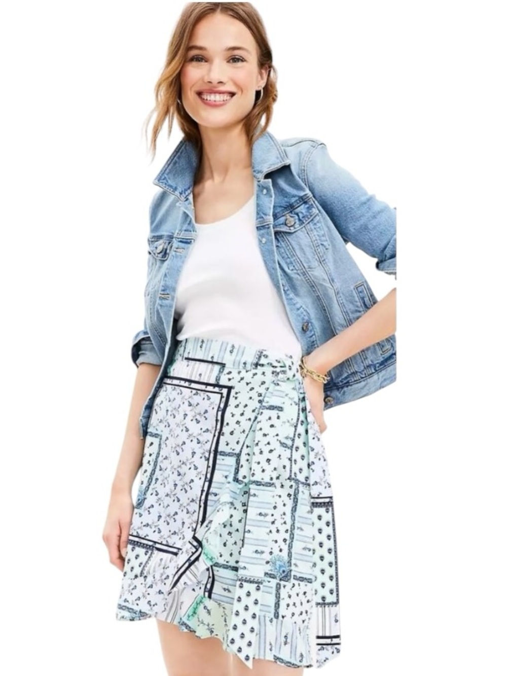 LOFT Patchwork Floral Wrap Skirt Size 6 Mint Blue Ruffle Hem Boho Cottagecore